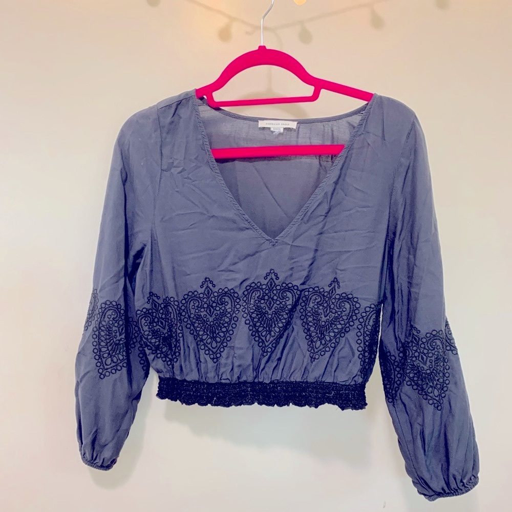 American Eagle Boho Gray Long Sleeve Crop Top Sz S Embroidered